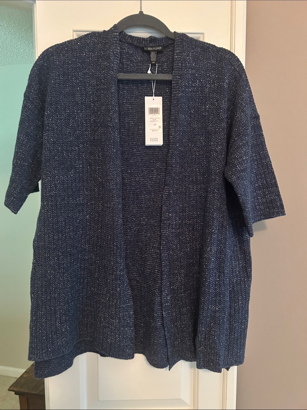 Eileen Fisher Indigo Open Weave Short Sleeve Cardigan Kimono